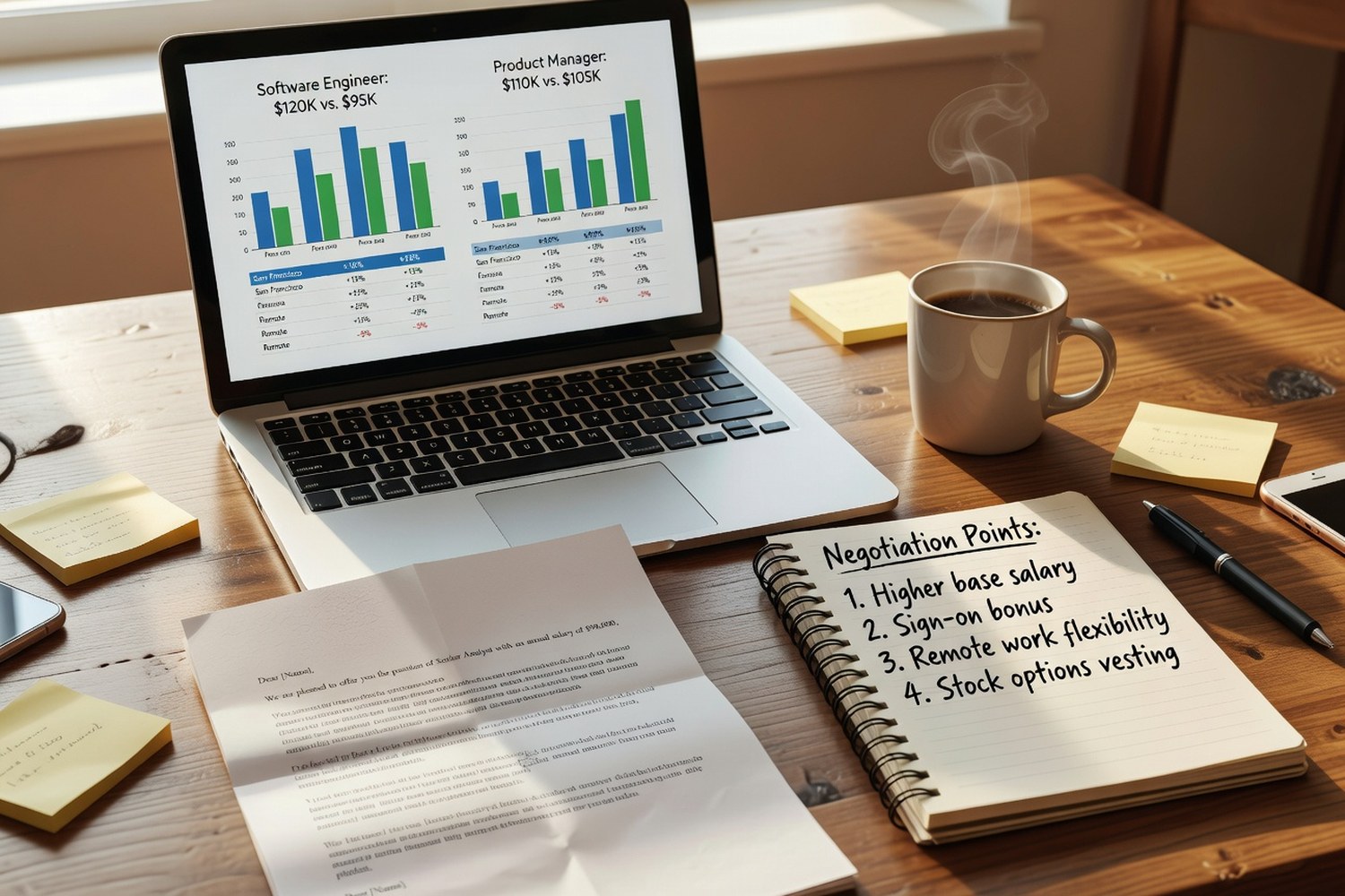 Salary negotiation research and preparation materials on desk