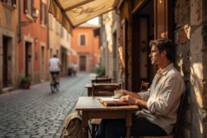 Traveler sitting peacefully at a quiet café in a small town practicing slow travel