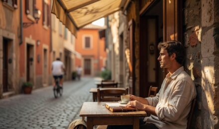 Traveler sitting peacefully at a quiet café in a small town practicing slow travel