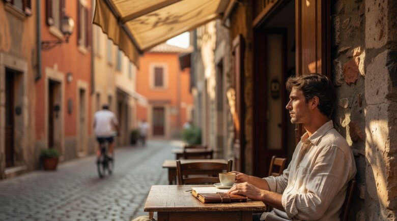 Traveler sitting peacefully at a quiet café in a small town practicing slow travel