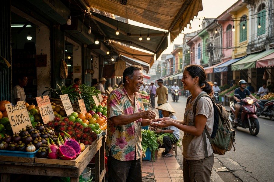 Traveler reading at a quiet café in a cobblestone European neighborhood street