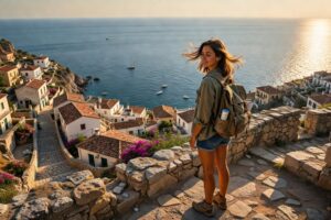 Solo female traveler overlooking Mediterranean coastal town at sunset
