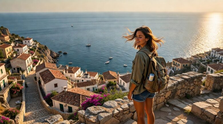 Solo female traveler overlooking Mediterranean coastal town at sunset