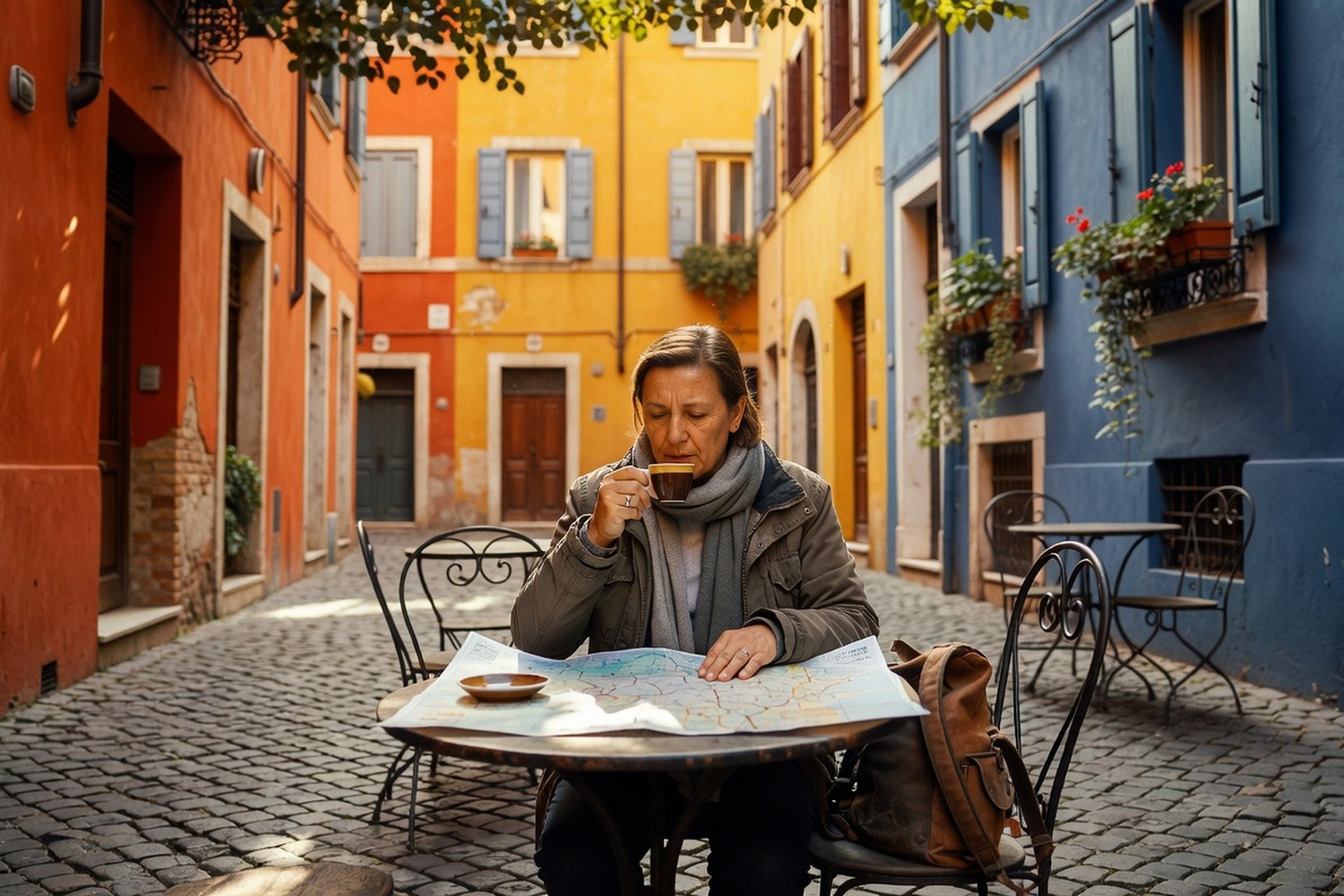 Solo traveler at outdoor cafe in European alley with map