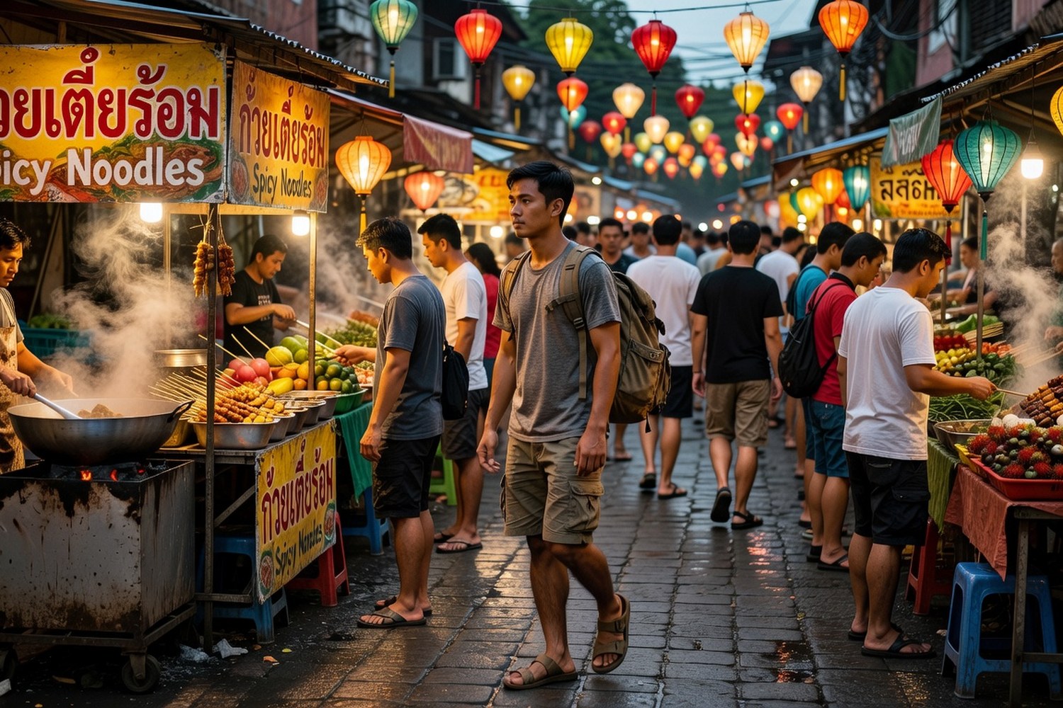 Solo traveler exploring Southeast Asian night market