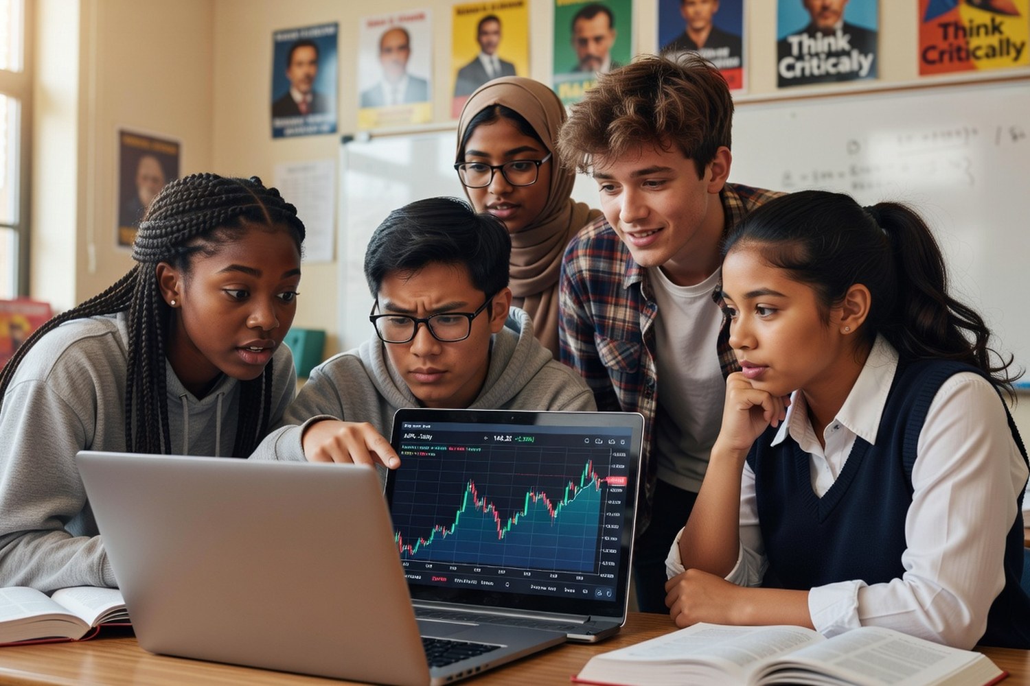 Teenagers learning about investing on laptop