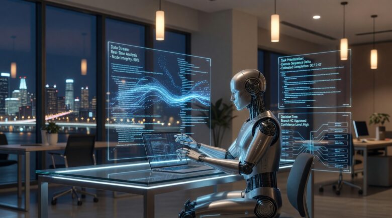 Agentic AI explained — autonomous AI agent managing tasks on a futuristic digital interface in 2026