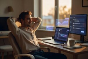 Freelancer using AI agents on a laptop to automate business tasks