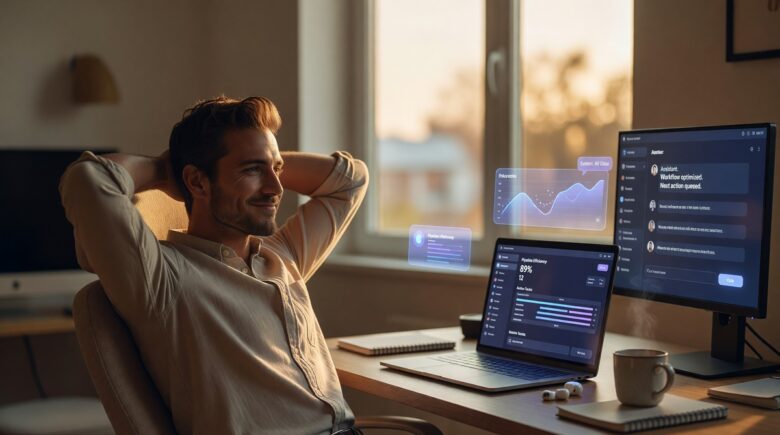 Freelancer using AI agents on a laptop to automate business tasks