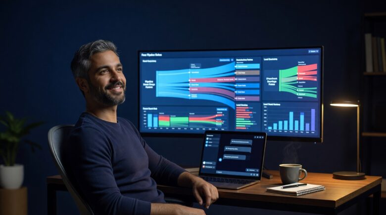 Solopreneur managing an AI agents sales funnel on autopilot using a laptop