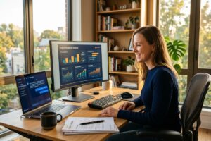 Solopreneur using AI tools to create professional client reports on a laptop