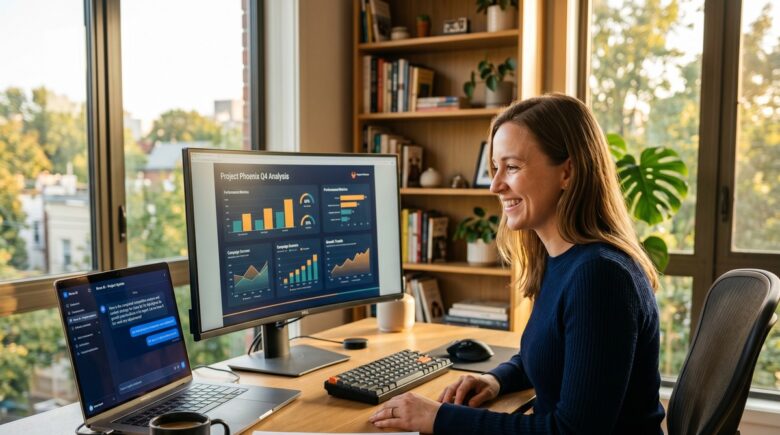 Solopreneur using AI tools to create professional client reports on a laptop