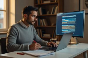 Writer using AI content proofreading tools to edit long-form article on laptop