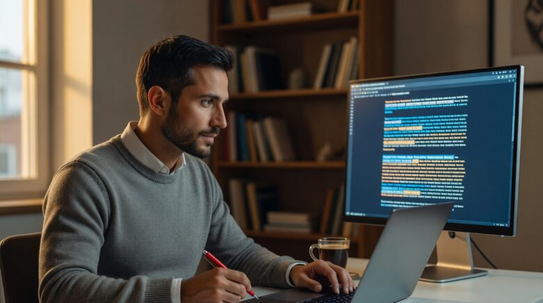 Writer using AI content proofreading tools to edit long-form article on laptop
