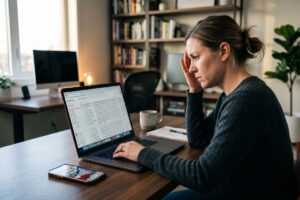Person reviewing AI email automation mistakes on a laptop screen