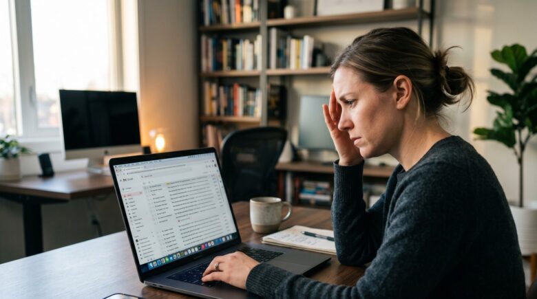 Person reviewing AI email automation mistakes on a laptop screen