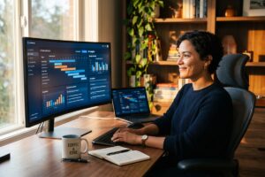 Freelancer using AI productivity tools to manage workload on laptop
