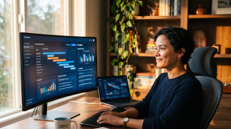 Freelancer using AI productivity tools to manage workload on laptop