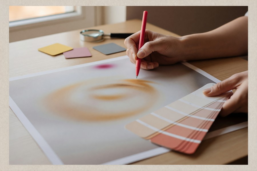 Brand prompt style guide document showing color descriptors and image examples side by side