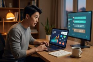 Small team using AI lead generation automation tools on laptops in a modern workspace