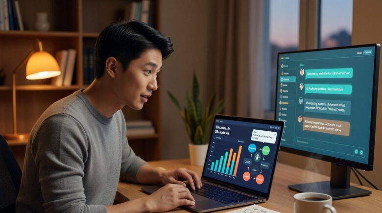 Small team using AI lead generation automation tools on laptops in a modern workspace