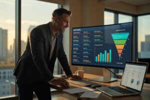 Solo consultant reviewing AI lead scoring dashboard to identify and land new clients