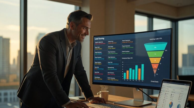 Solo consultant reviewing AI lead scoring dashboard to identify and land new clients