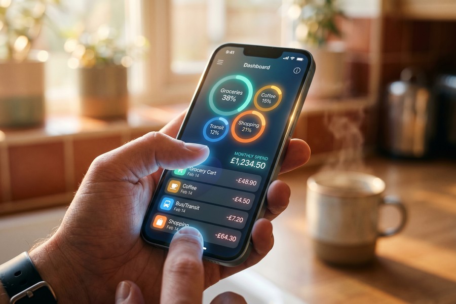 Person using a smartphone app to review AI-generated budget categories and spending charts