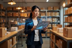 Small business owner using AI supply chain management software on a laptop in a warehouse