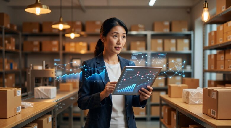 Small business owner using AI supply chain management software on a laptop in a warehouse