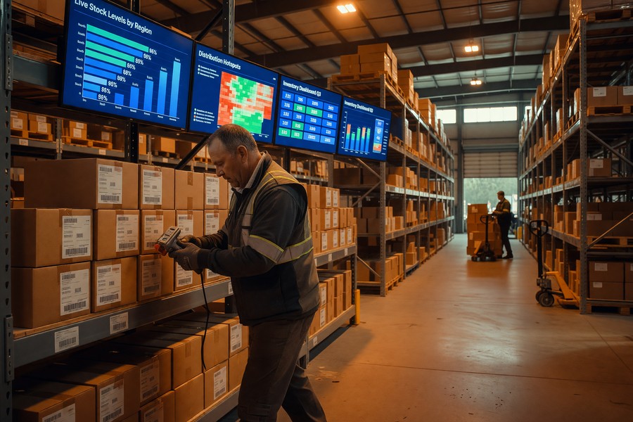 Small business owner reviewing AI-generated inventory dashboard on a laptop screen