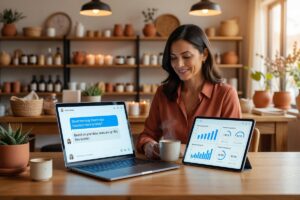 Small business owner using AI tools on a laptop to save time in 2026