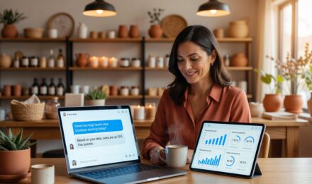 Small business owner using AI tools on a laptop to save time in 2026