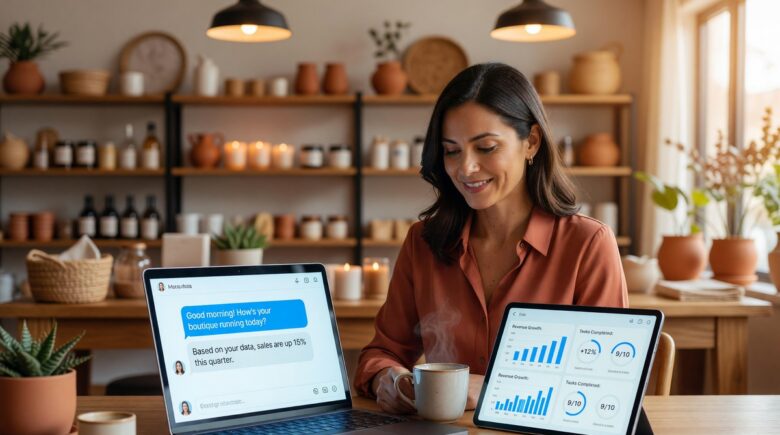 Small business owner using AI tools on a laptop to save time in 2026