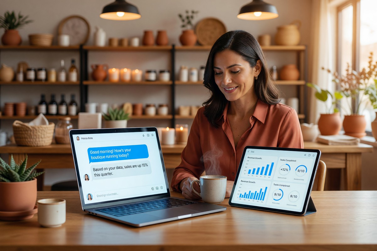 Small business owner using AI tools on a laptop to save time in 2026