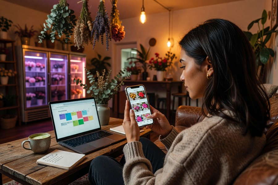 Dashboard view of an AI content scheduling tool with weekly post calendar and performance metrics