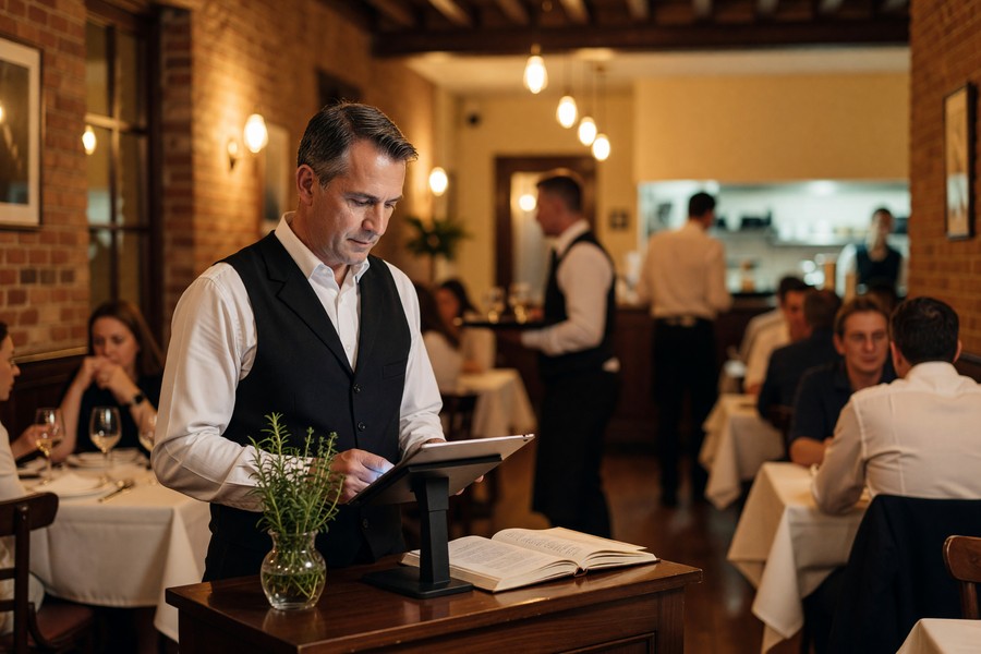 Small retail shop owner using an AI dashboard on a tablet to manage inventory and customer inquiries