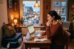 Solo traveler comparing Airbnb and hotel options on a laptop while sitting in a minimalist room with luggage nearby