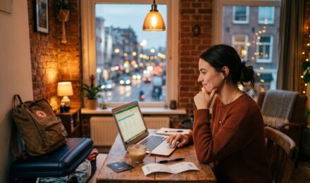 Solo traveler comparing Airbnb and hotel options on a laptop while sitting in a minimalist room with luggage nearby