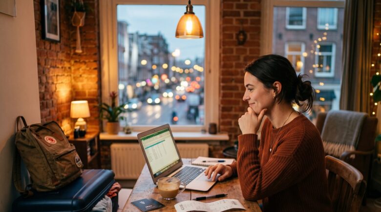 Solo traveler comparing Airbnb and hotel options on a laptop while sitting in a minimalist room with luggage nearby