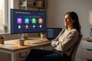 Person using no-code automation tools to automate daily work tasks on a laptop