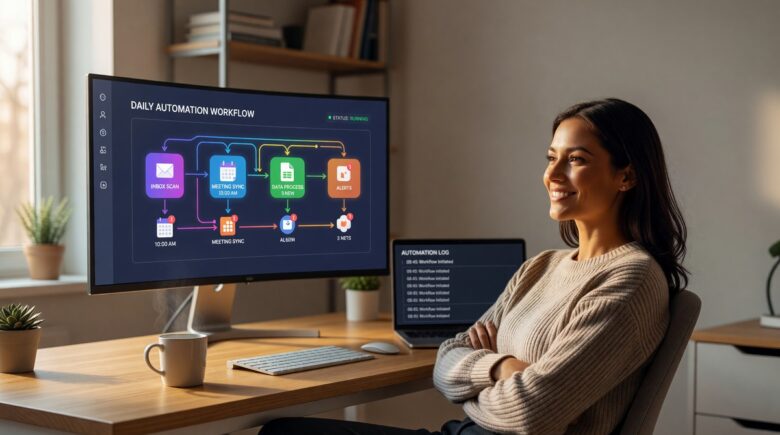 Person using no-code automation tools to automate daily work tasks on a laptop