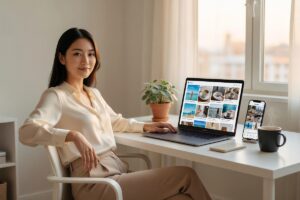 Automated social media repurposing workflow displayed on a laptop screen with content icons