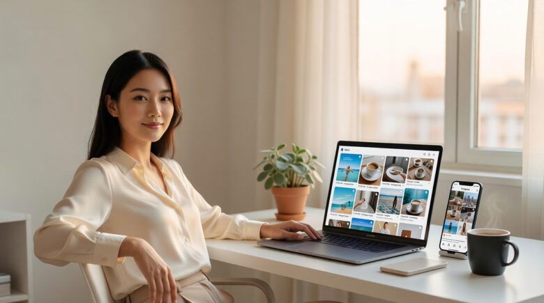 Automated social media repurposing workflow displayed on a laptop screen with content icons