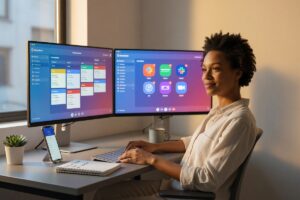 One-person agency owner using automation apps on a laptop to manage multiple client workflows