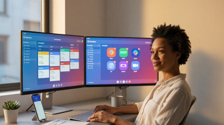 One-person agency owner using automation apps on a laptop to manage multiple client workflows