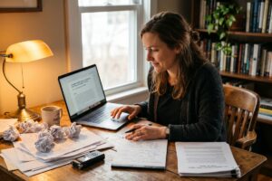 AI tools converting raw interview notes into a polished article on a laptop screen