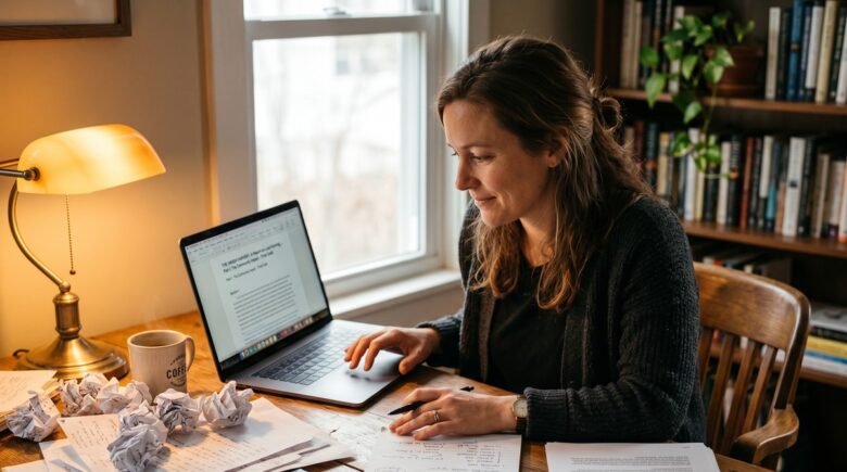 AI tools converting raw interview notes into a polished article on a laptop screen