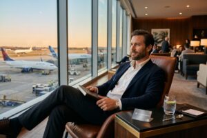 Casual traveler relaxing in an airport lounge with airport lounge access card