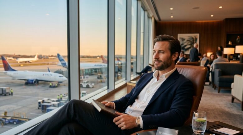 Casual traveler relaxing in an airport lounge with airport lounge access card
